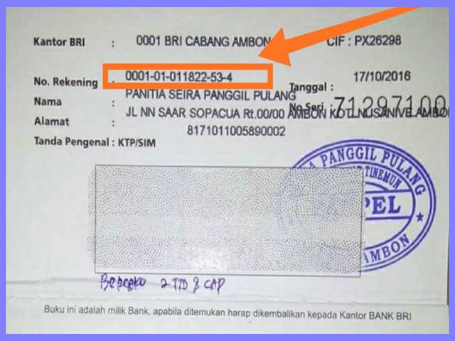 contoh nomor rekening BRI