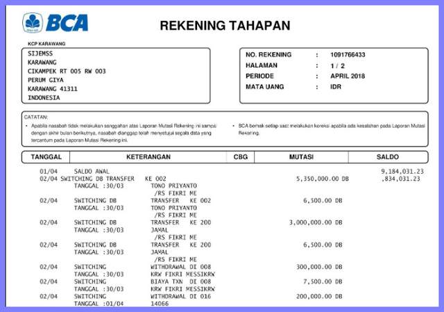 Contoh Rekening Koran BCA