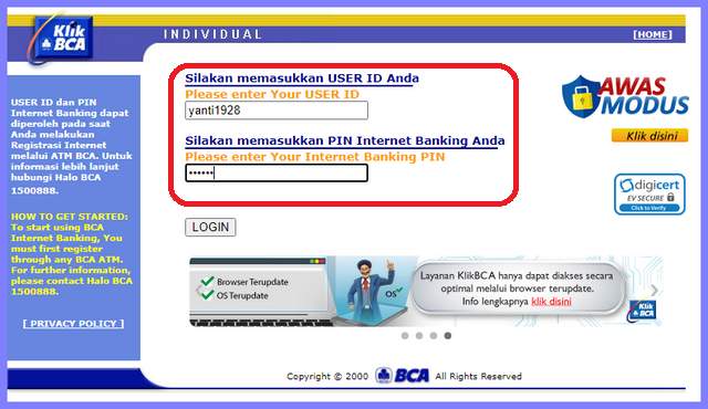 Contoh User ID BCA