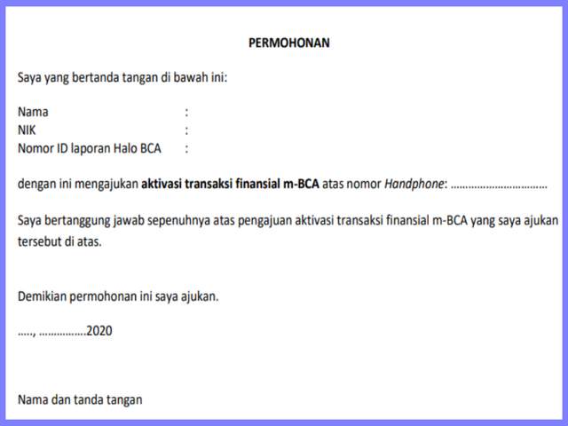 Contoh Surat Permohonan Aktivasi Layanan Finansial BCA
