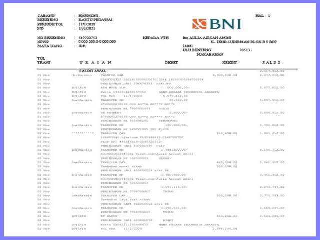Cetak Rekening Koran BNI